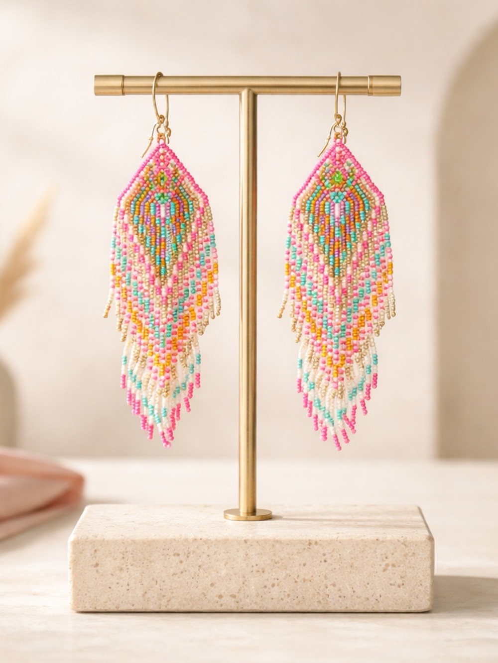 Pink Turquoise Beaded Fringe Earrings Boho Western Cowgirl
